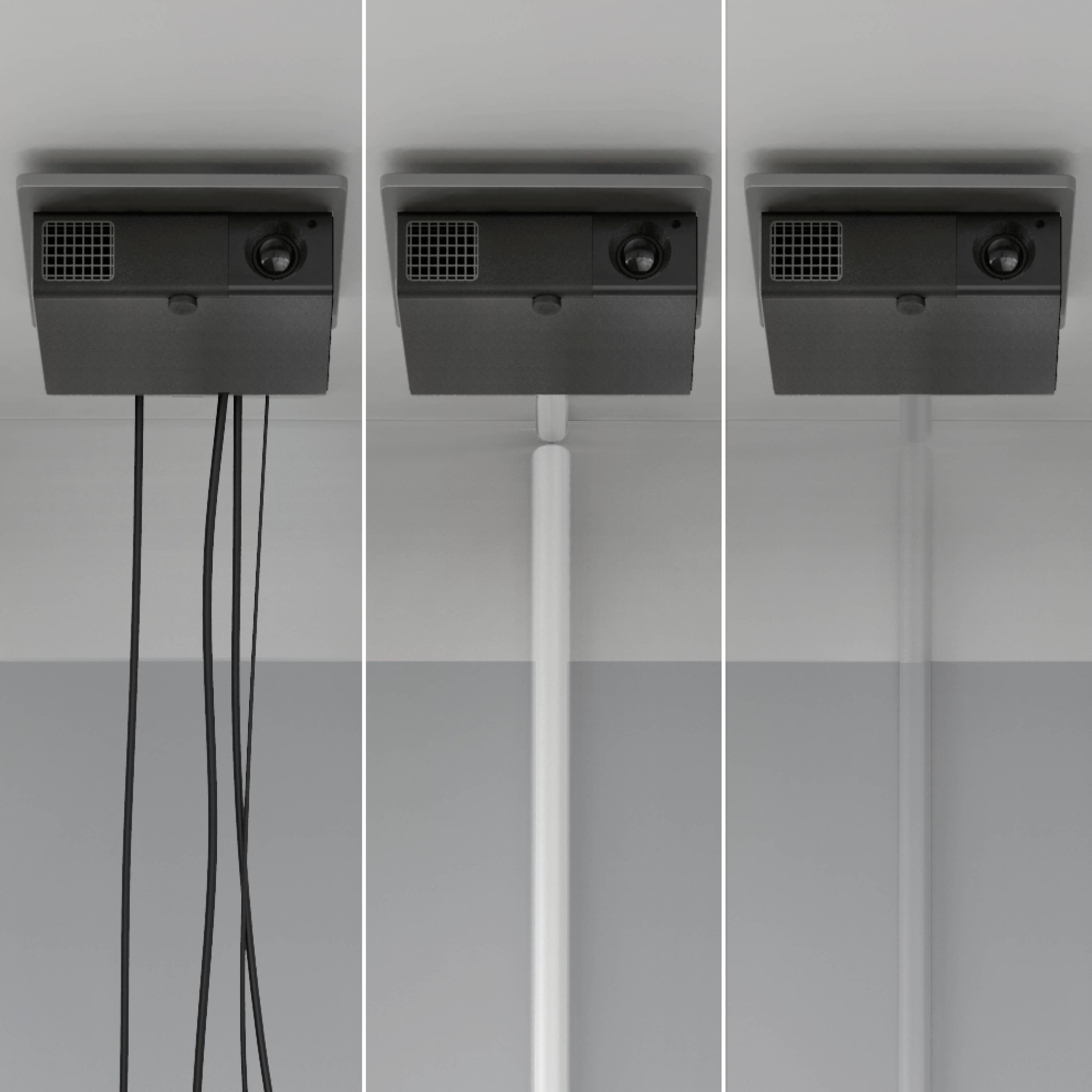 Drei Projektormontagen: links schwarze Kabel sichtbar, Mitte weißes Rohr statt Kabel, rechts Kabel in Rohr verborgen.