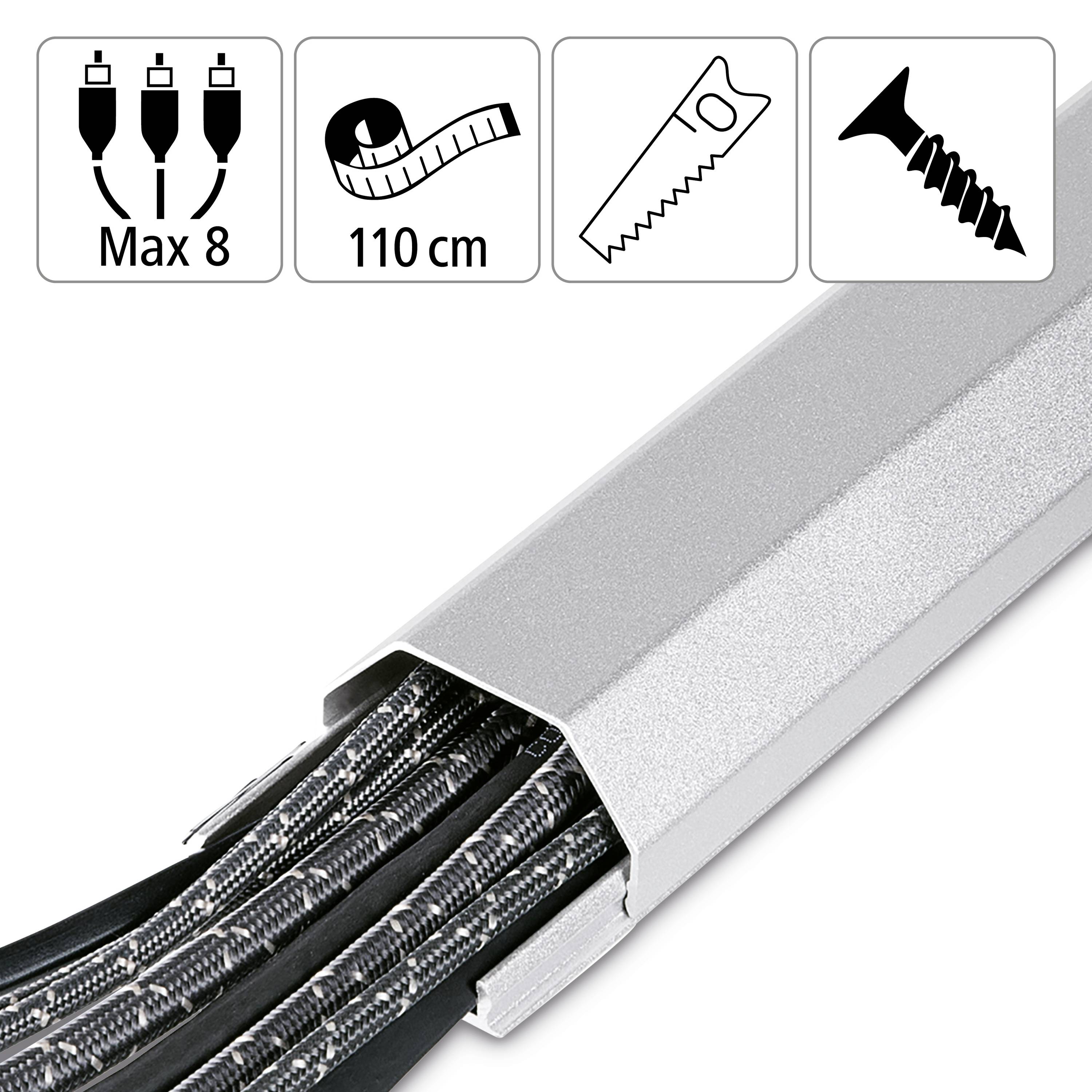 Silberne Kabelabdeckung für bis zu 8 Kabel, 110 cm lang. Geeignet für Kabelmanagement im Büro oder zu Hause.