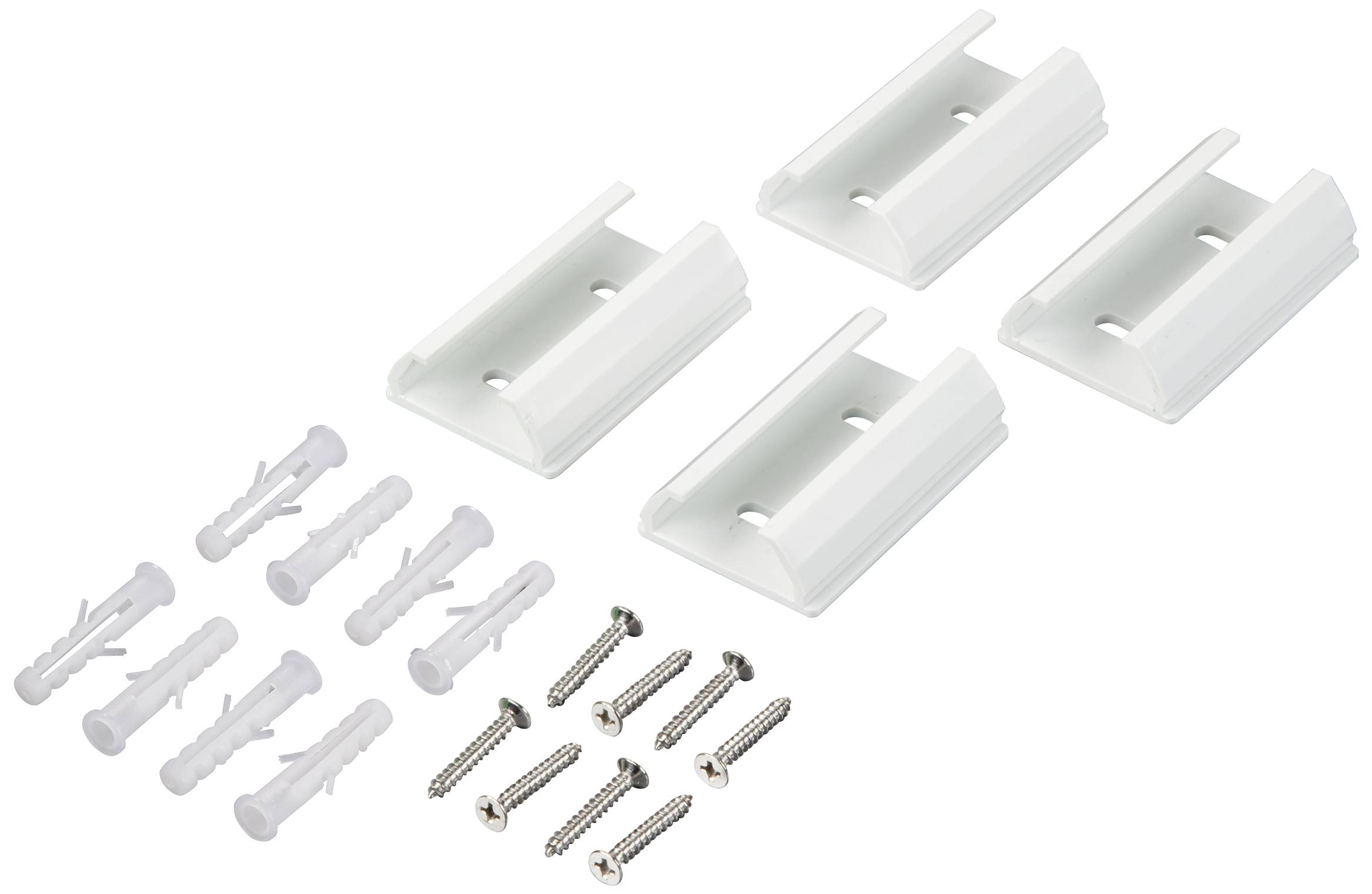 Weiße Kunststoff-Halterungen mit passenden Schrauben und Dübeln zur Wandmontage. Ideal für Regalbefestigung oder ähnliches.