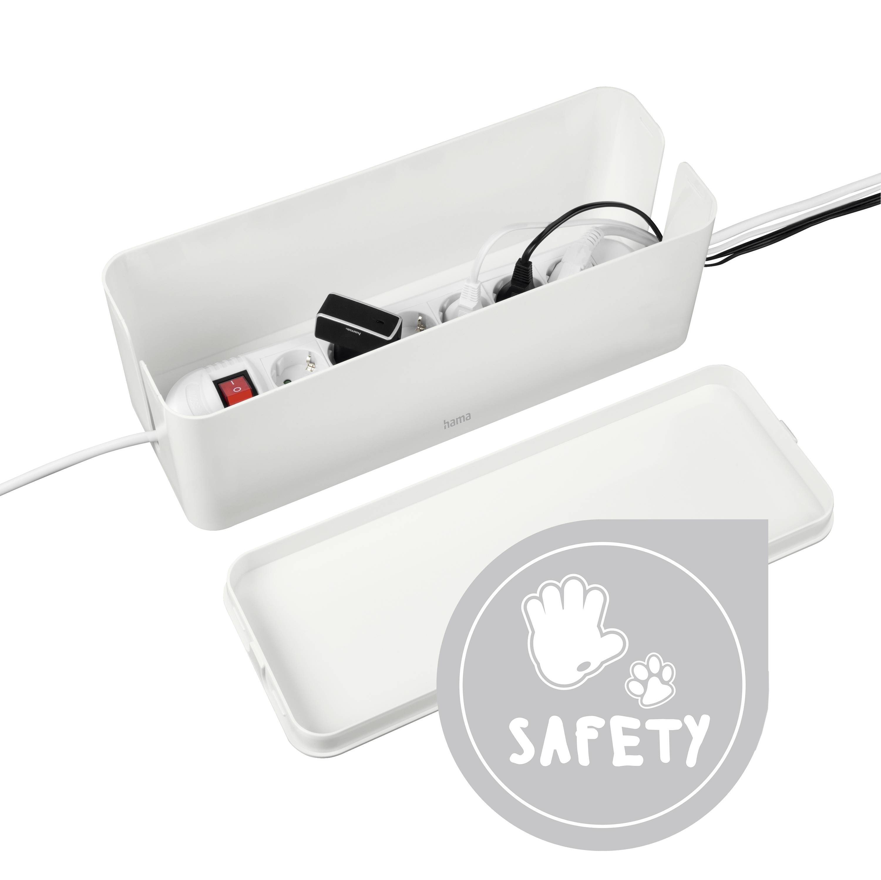 Eine weiße Kabelbox mit Deckel, die Kabel und Stecker aufräumt. Ein Symbol zeigt eine Hand und die Aufschrift 'Safety'.
