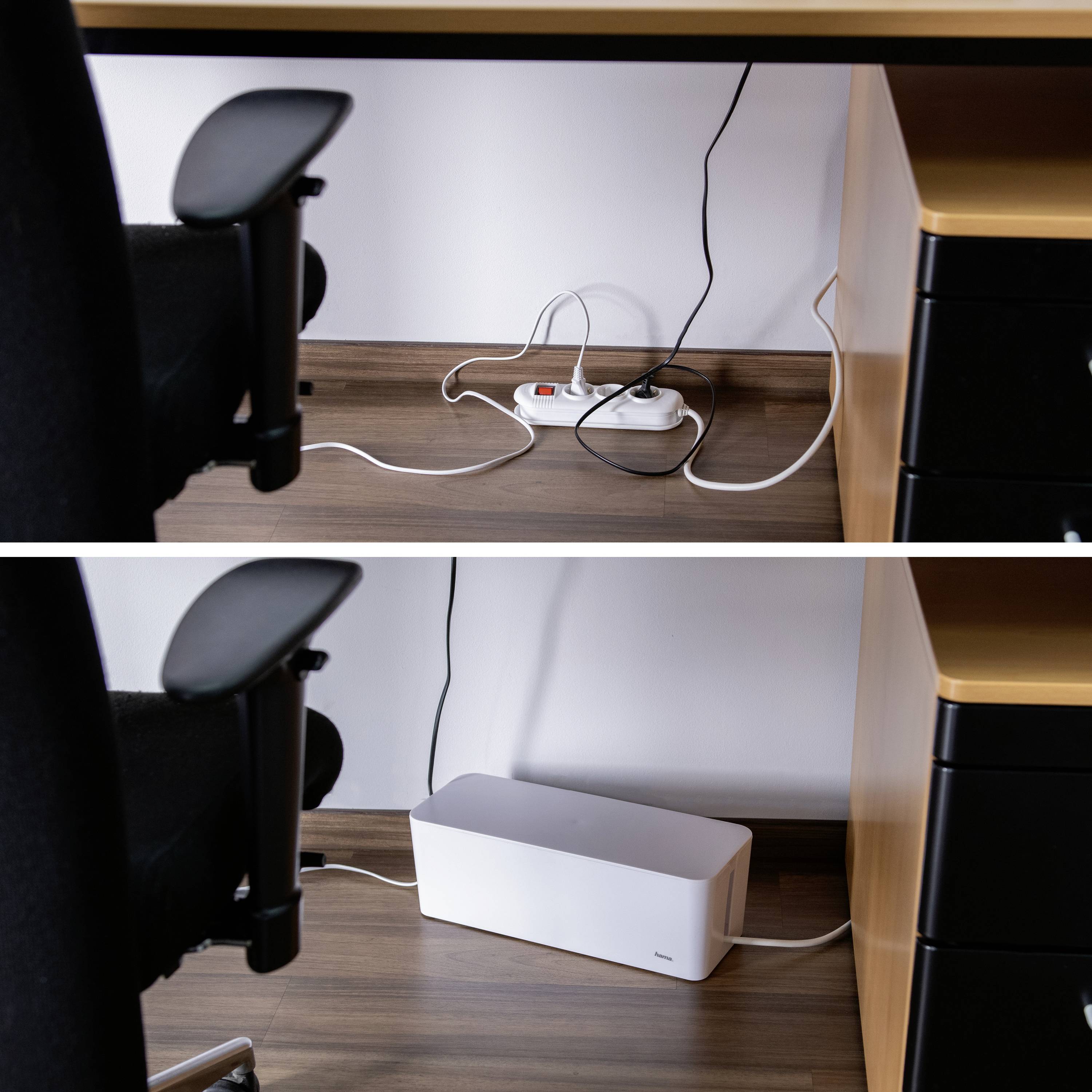 Zwei Bilder zeigen ein Vergleichssetup unter einem Schreibtisch: Oben mit sichtbaren Kabeln, unten ordentlich in einer Kabelbox verstaut.