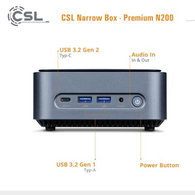 Ein kompakter Mini-PC, genannt 'CSL Narrow Box - Premium N200', zeigt die Vorderseite mit USB- und Audio-Anschlüssen sowie einem Power-Button.