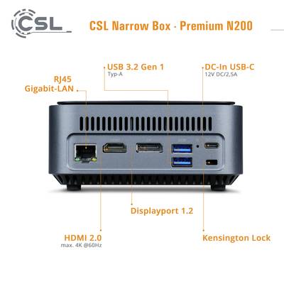 CSL Narrow Box - Premium N200: Kompakter PC mit HDMI 2.0, Displayport 1.2, USB 3.2, Gigabit-LAN, DC-In USB-C; ideal für vielfältige Anwendungen.