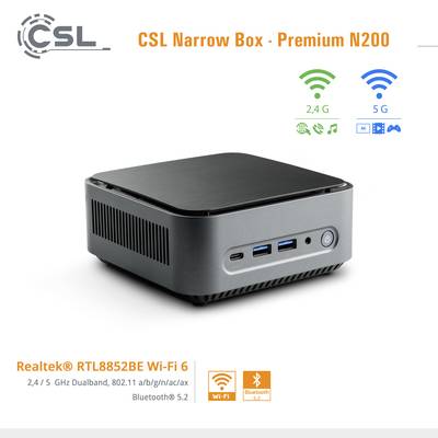 Kompakter Mini-PC mit schwarzem Gehäuse, zwei USB-Ports vorne, unterstützt Wi-Fi 6, Bluetooth 5.2 und bietet 24/7 Betrieb.