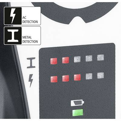 Ein Gerät zeigt Symbole für Wechselstromerkennung, Metallerkennung und Batteriestand. Rote und graue Lichter signalisieren Erkennung.