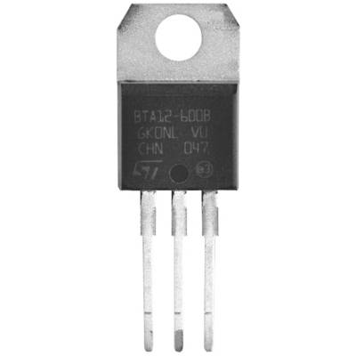 Schwarz-weiße Nahaufnahme eines Halbleiter-Bauteils mit drei Pins. Text auf dem Bauteil: 'BTA12-600B', 'GKNL VU', 'CHN 047'.