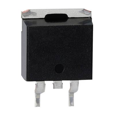 Schwarzes elektronisches Bauteil mit zwei Metallanschlüssen, vermutlich ein Transistor, auf weißem Hintergrund.