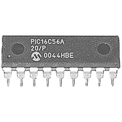 Elektronischer Chip mit der Aufschrift 'PIC16C56A 20/P 0044HBE', zeigt eine Reihe von Anschlüssen unten.