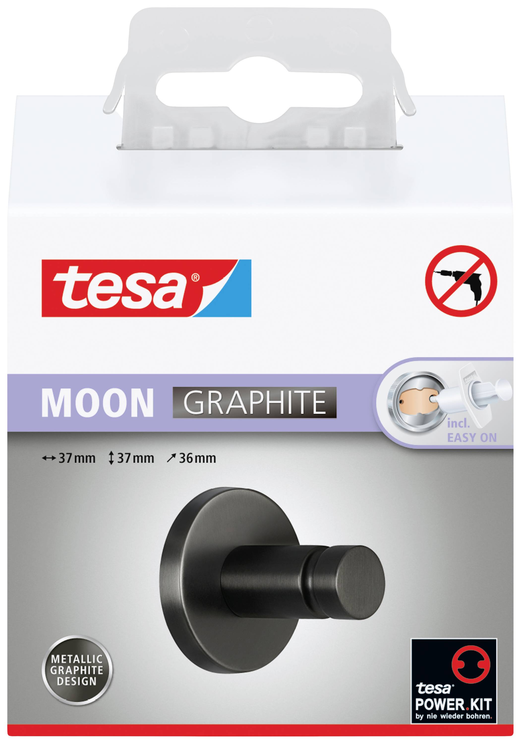 'Verpackung eines tesa MOON GRAPHITE Hakens, einfach anzubringen ohne Bohren, graphitfarbene Metalloptik, inklusive Power Kit.'