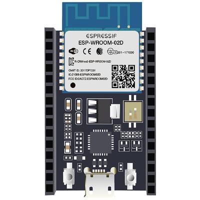 'Mikrocontroller-Board ESP-WROOM-02D von Espressif mit WiFi-Modul und verschiedenen Anschlüssen und Komponenten oben auf der Platine.'