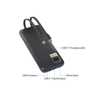Eine schwarze Powerbank mit zwei USB-C-Kabeln oben. Beschriftungen zeigen Mikro-Eingang, USB-A-Ausgang, USB-C-Eingang/Ausgang und USB-C-Ladekabel.