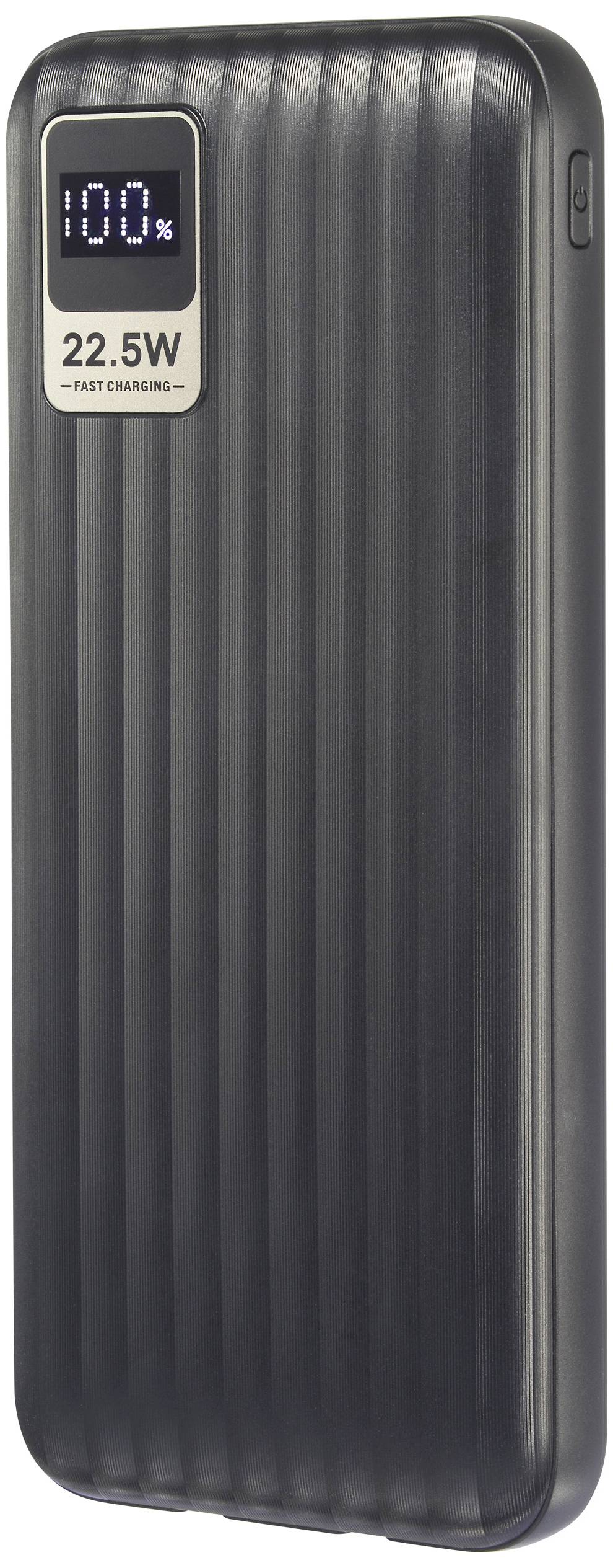Eine schlichte schwarze Powerbank mit einem digitalen Display, das '100%' anzeigt und die Aufschrift '22.5W Fast Charging'.