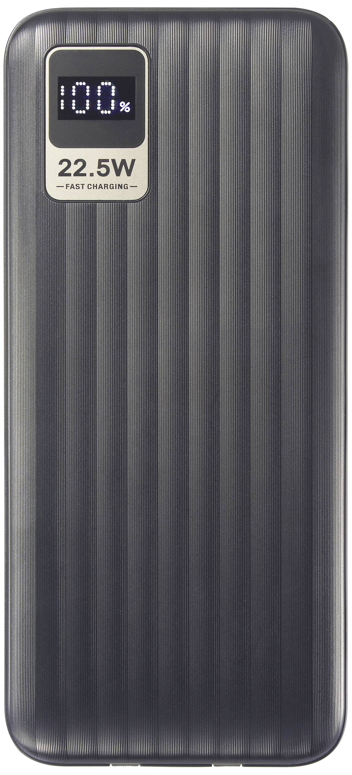 Schwarze Powerbank mit 22,5W Schnellladung. Ein Display zeigt '100%' an, was auf volle Ladung hinweist.