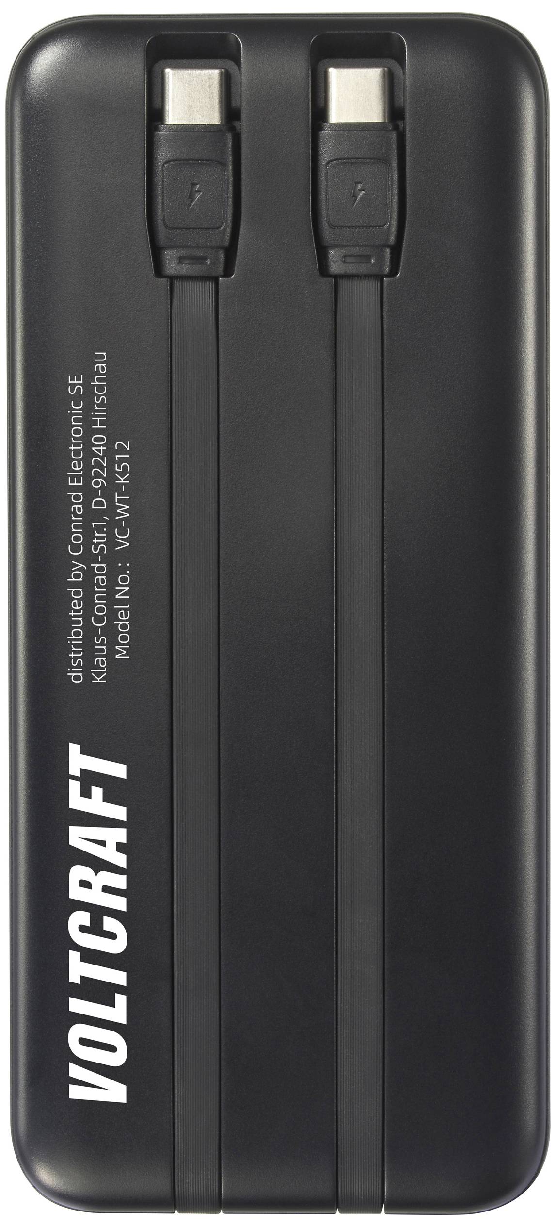 Schwarze Powerbank 'Voltcraft' mit zwei integrierten USB-C Kabeln oben, geeignet für unterwegs zum Laden elektronischer Geräte.