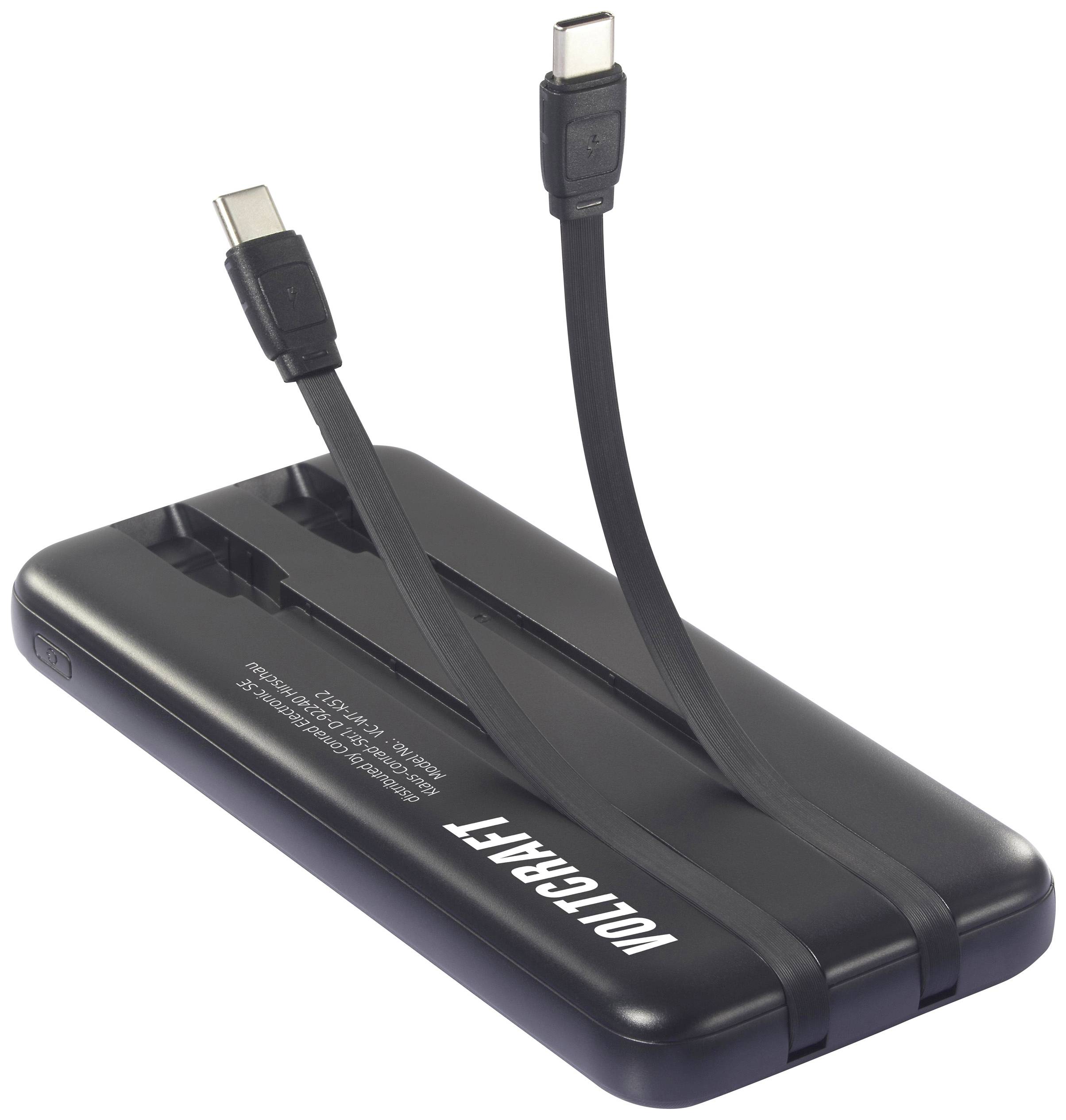 Schwarzes Voltcraft-Powerbank-Ladegerät mit zwei angeschlossenen USB-C-Kabeln, zur mobilen Stromversorgung von Geräten.