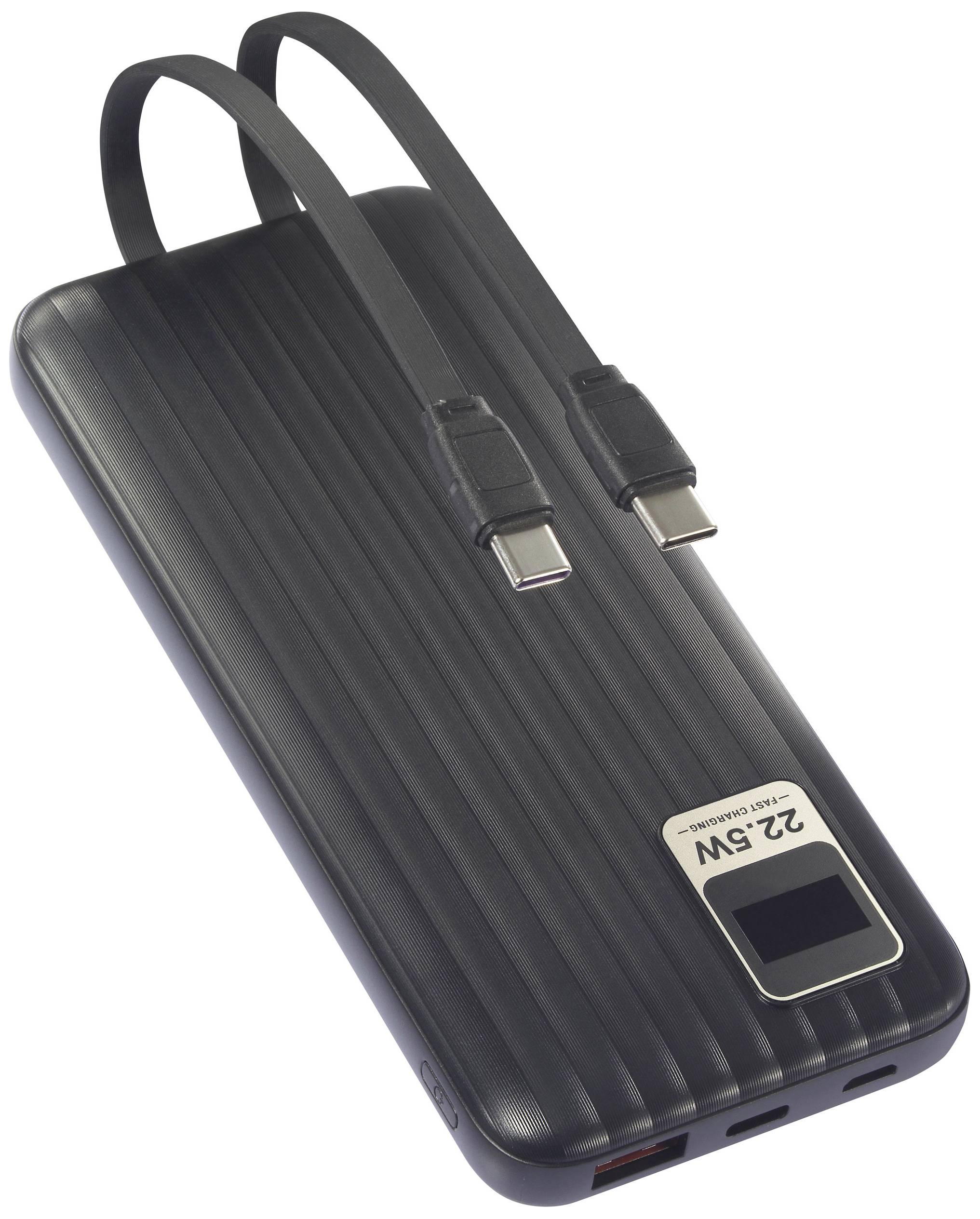 Schwarze Powerbank mit zwei USB-C-Kabeln, 22,5 W Leistung auf dem Display angezeigt.