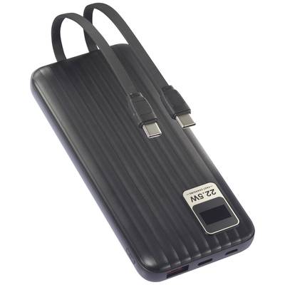 Schwarze Powerbank mit zwei USB-C-Kabeln, 22,5 W Leistung auf dem Display angezeigt.
