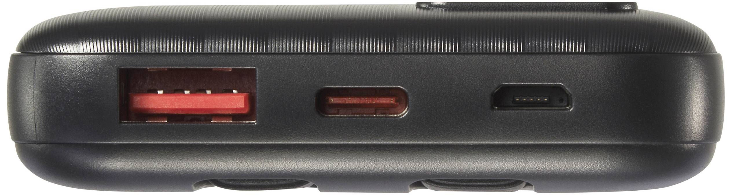 'Schwarze tragbare Powerbank mit drei Anschlussarten: USB-A, USB-C und Micro-USB, Ansicht der Anschlüsse.'