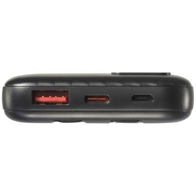 'Schwarze tragbare Powerbank mit drei Anschlussarten: USB-A, USB-C und Micro-USB, Ansicht der Anschlüsse.'