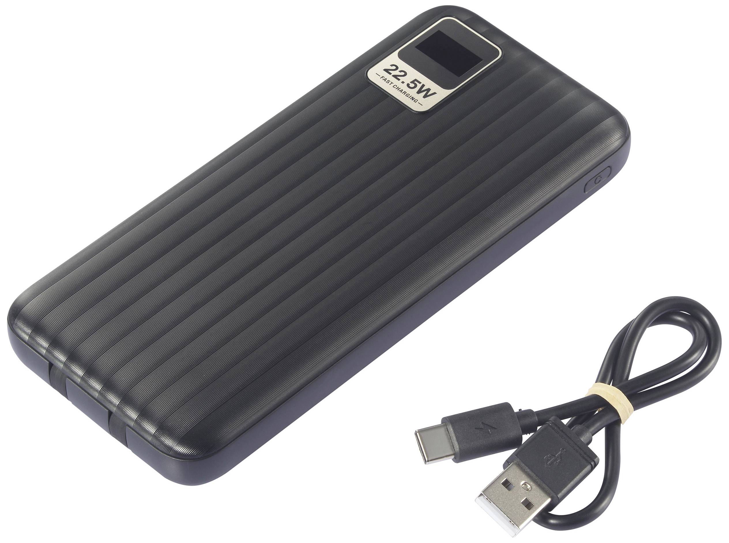 Eine schwarze Powerbank mit 22,5W Leistung und geriffelter Oberfläche, neben einem USB-Kabel.
