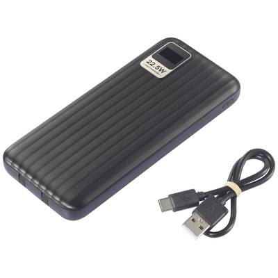 Eine schwarze Powerbank mit 22,5W Leistung und geriffelter Oberfläche, neben einem USB-Kabel.