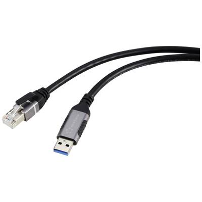 Ein schwarzes Kabel mit einem USB-Stecker auf der einen Seite und einem Ethernet-Stecker auf der anderen Seite auf weißem Hintergrund.