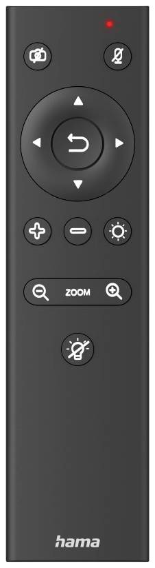 Schwarze Fernbedienung mit Tasten für Zurück, Lautstärke, Zoom und Leuchten. Oben befindet sich eine rote LED-Anzeige.