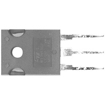 Ein dreipoliger elektronischer Bauteil, möglicherweise ein Transistor. Metallische Anschlüsse rechts, Gehäuse mit Beschriftung links.