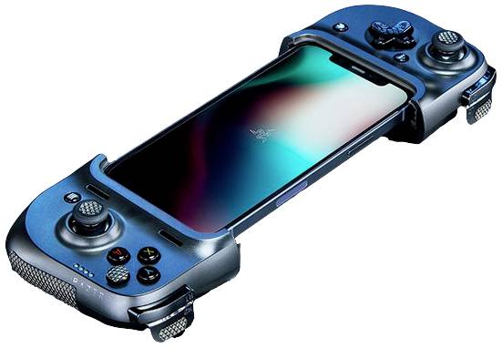 Ein Smartphone ist in einen blauen, gamepadartigen Controller eingespannt, der es wie eine tragbare Spielekonsole aussehen lässt.