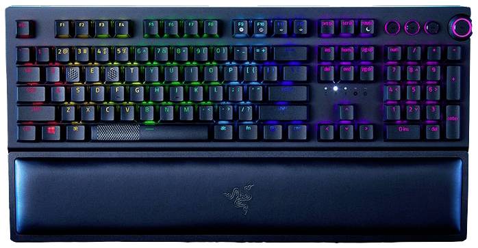 Schwarze Gaming-Tastatur mit RGB-Beleuchtung, Handballenauflage und Medientasten. Bunte Lichter leuchten auf den Tasten.