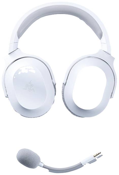 Weiße Over-Ear-Kopfhörer und ein abnehmbares Mikrofon mit grauem Schaumstoff.