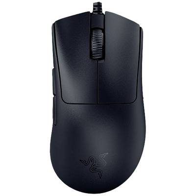 Eine schwarze Computermaus mit ergonomischem Design, Mausrad und zwei Seitentasten, geeignet für präzises und komfortables Arbeiten.