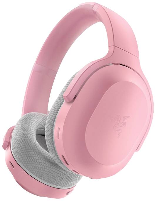 Rosafarbene kabellose Over-Ear-Kopfhörer mit grauen Ohrpolstern. Sie sind modern gestaltet und wirken bequem für längere Nutzung.