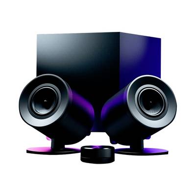 Schwarze Lautsprecher mit Subwoofer, modernem Design und LED-Leuchten, die lila schimmern. Gezeigt in einer Produktpräsentation.