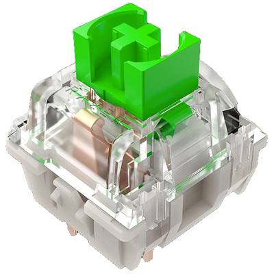 Transparenter mechanischer Schalter mit grünem Kreuzsteg, bekannt für taktiles Feedback, oft in Tastaturen verwendet.