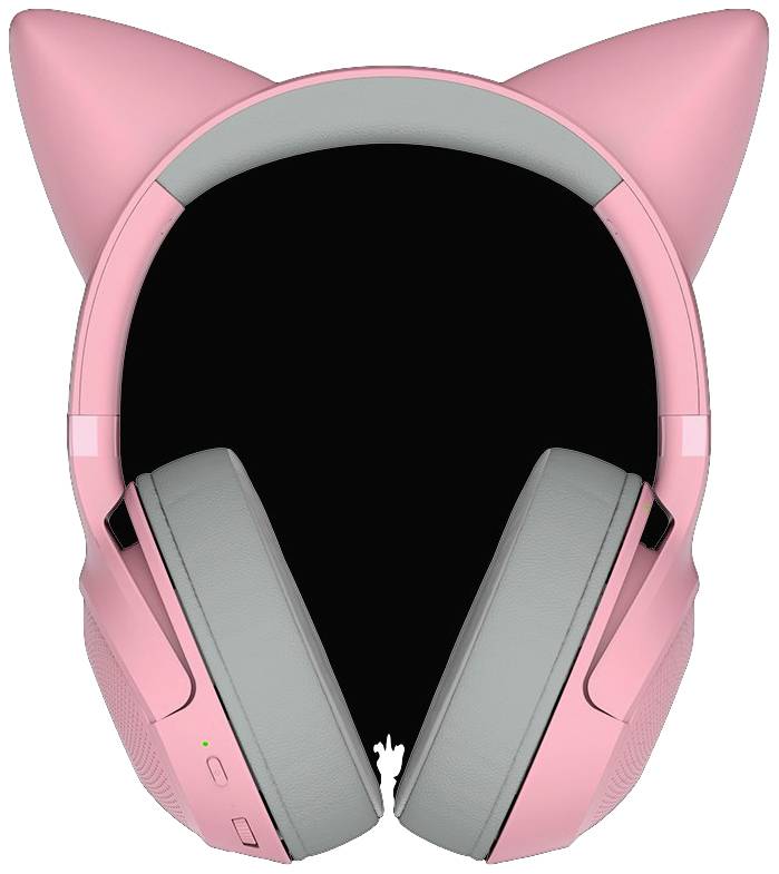 Rosa Kopfhörer mit Katzenohren, grau gepolstert. Geeignet für Musik oder Gaming.