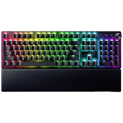 Gaming-Tastatur mit RGB-Beleuchtung in Regenbogenfarben, Handballenauflage und mechanischen Tasten.