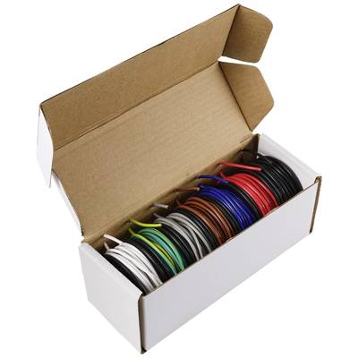 Offene Pappschachtel mit mehreren aufgerollten farbigen Kabeln, darunter rot, blau, grün, schwarz und weiß, in separaten Abteilen.