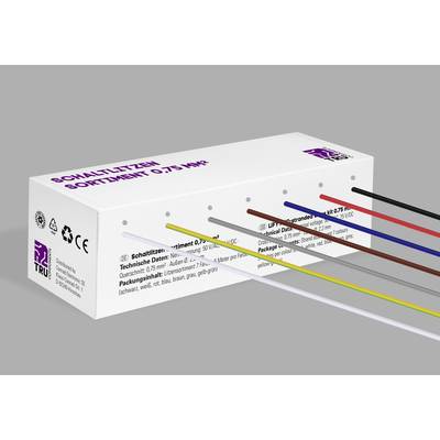 Das Bild zeigt eine Verpackung von Schaltlitzen, sortiert in verschiedenen Farben. Die Drähte sind beschriftet und verlaufen von links nach rechts.
