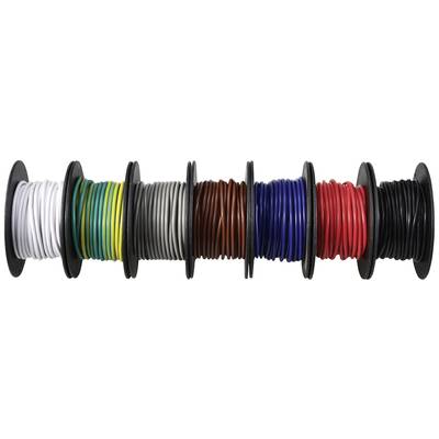 Mehrere Spulen mit farbigem Draht in den Farben Weiß, Grün, Gelb, Grau, Braun, Blau, Rot und Schwarz nebeneinander aufgereiht.