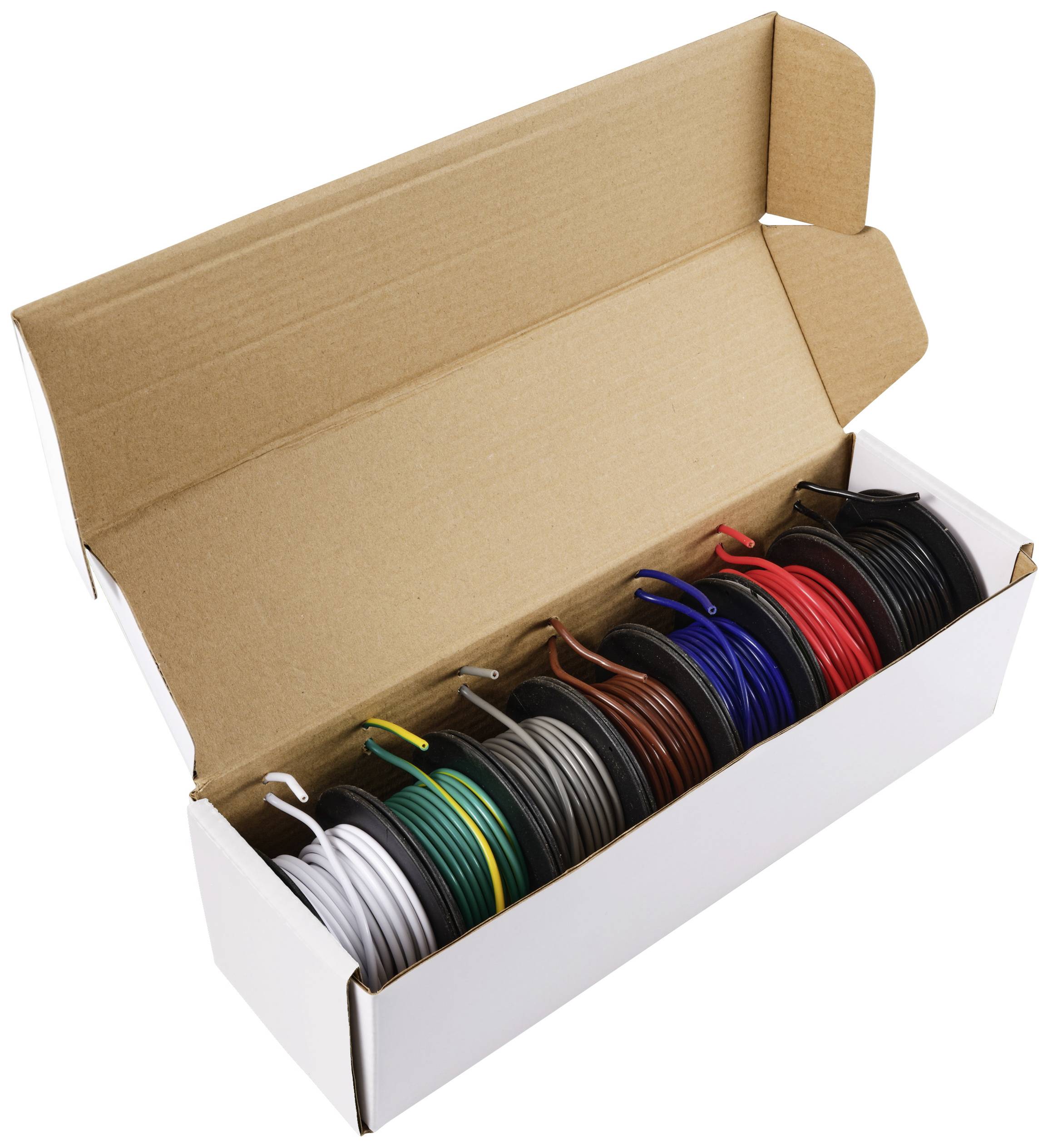 Eine geöffnete weiße Box mit verschiedenen Rollen von bunten Kabeln in Rot, Blau, Gelb, Grün, Schwarz und Weiß.