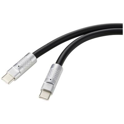 Zwei USB-C-Kabel mit silbernen Steckern und schwarzer Ummantelung, die eine Verbindung zwischen Geräten ermöglichen.