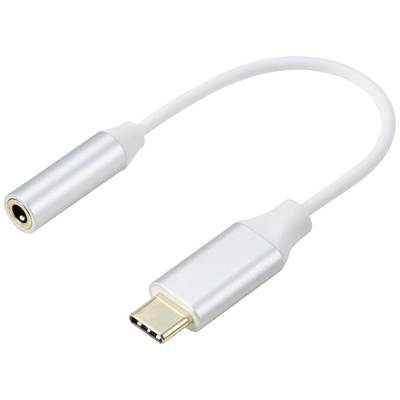 Ein USB-C-zu-Kopfhörer-Adapter in Silber auf weißem Hintergrund.