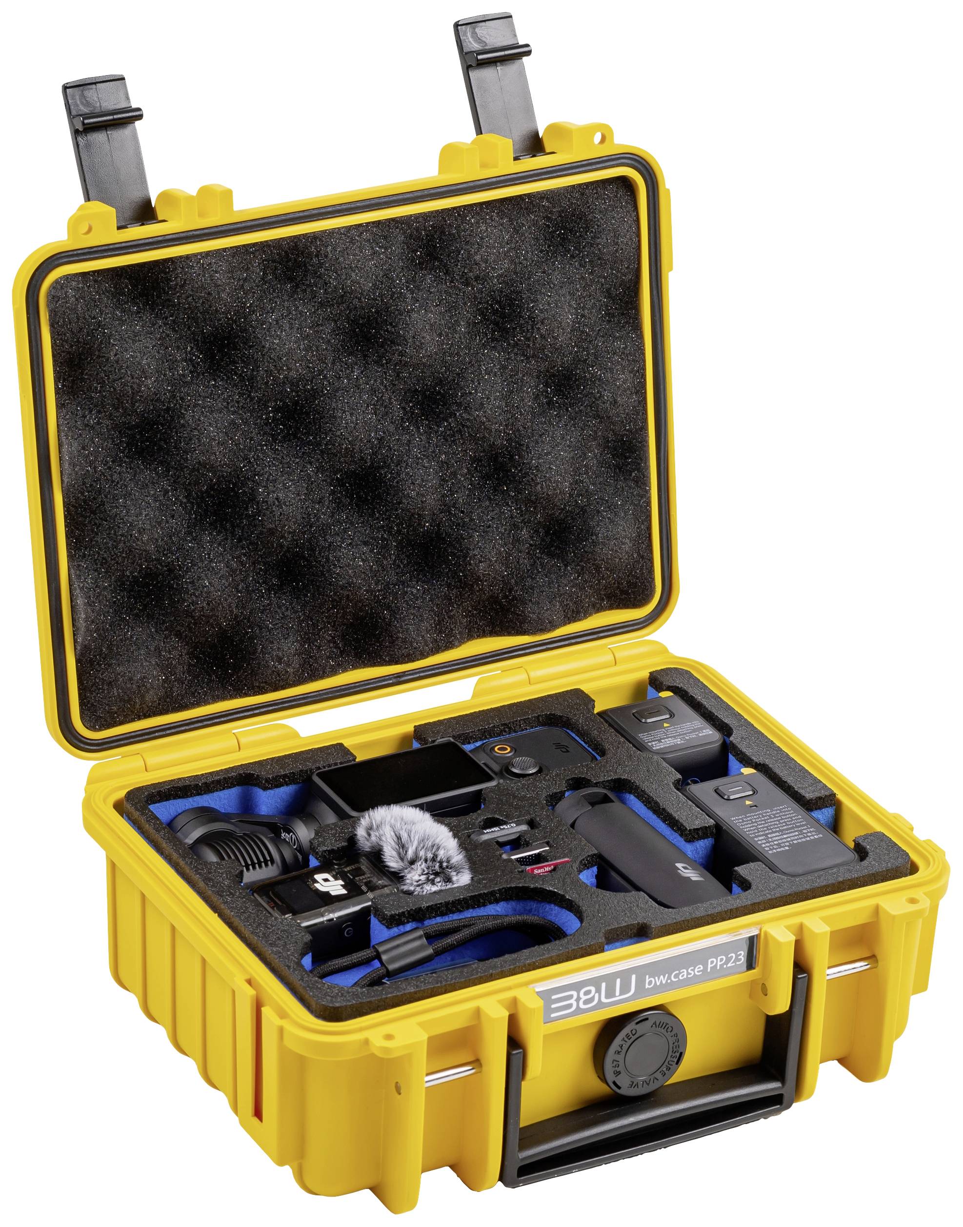Gelber Transportkoffer mit Schaumstoffeinlage, enthält zwei Funkgeräte, Mikrofon, Kabel und Zubehör. Ideal für Audioproduktionen.