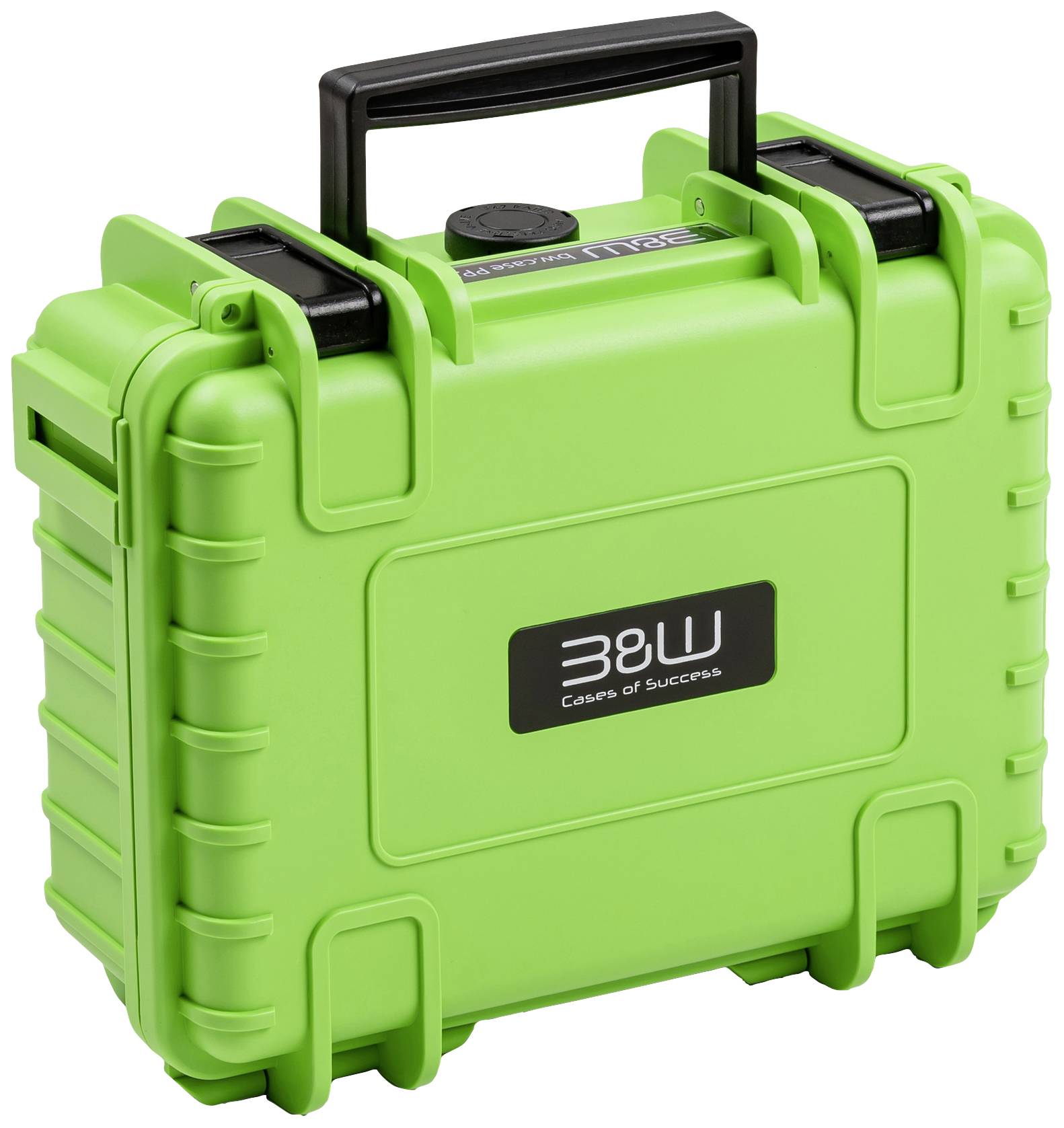 Grüner, robuster Koffer mit schwarzem Griff und Verschlüssen. Aufschrift 'B&W Cases of Success'. Ideal für sicheren Transport.