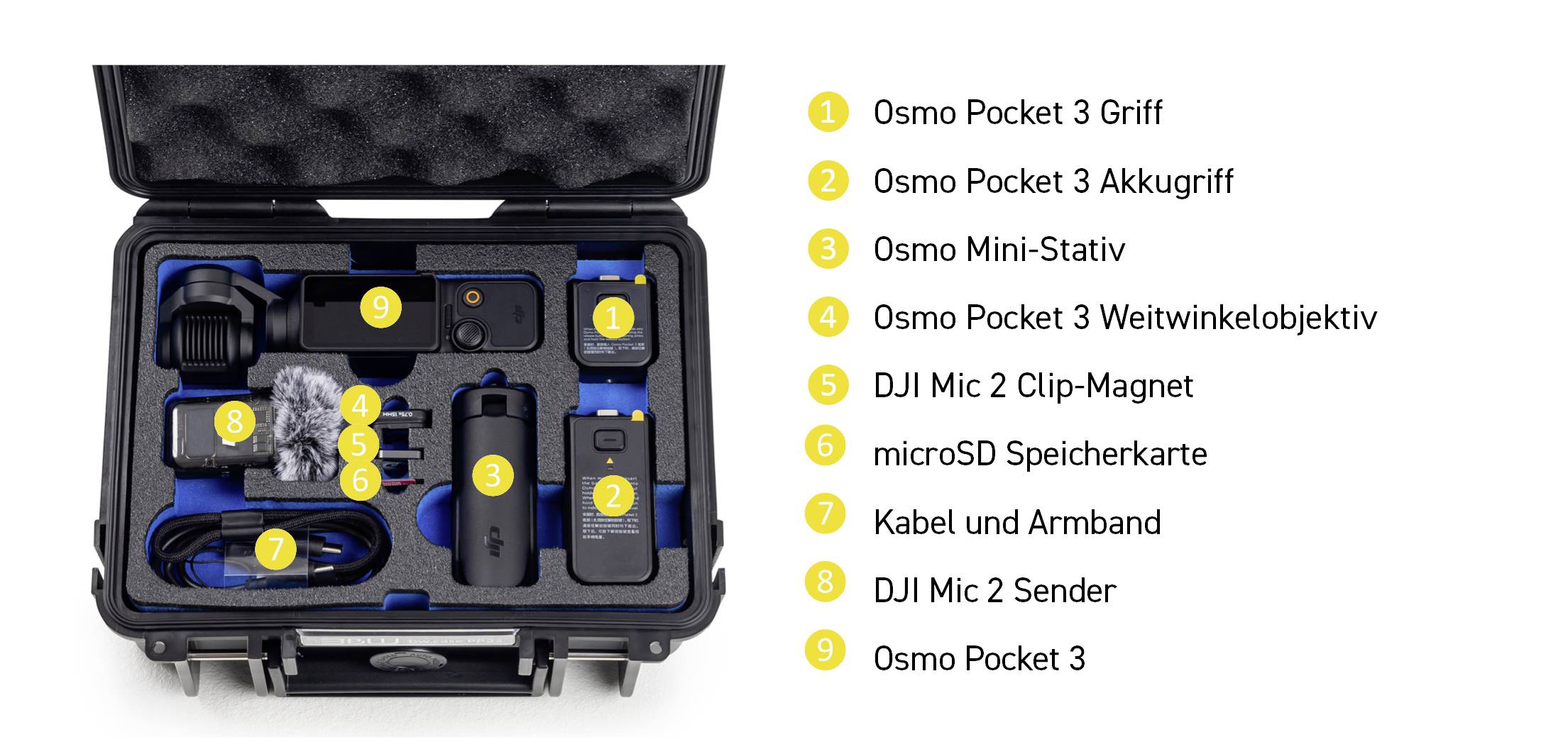 Tragbarer DJI Osmo Pocket 3 mit Zubehör: Griff, Akku, Mini-Stativ, Weitwinkelobjektiv, Mikrofone, Speicherkarte, Kabel und Sender.