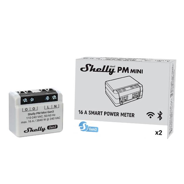 'Smart Power Meter 16A' und Verpackung. Produktbild eines Shelly 16A Smart Power Meters mit technischer Spezifikation auf der Verpackung.