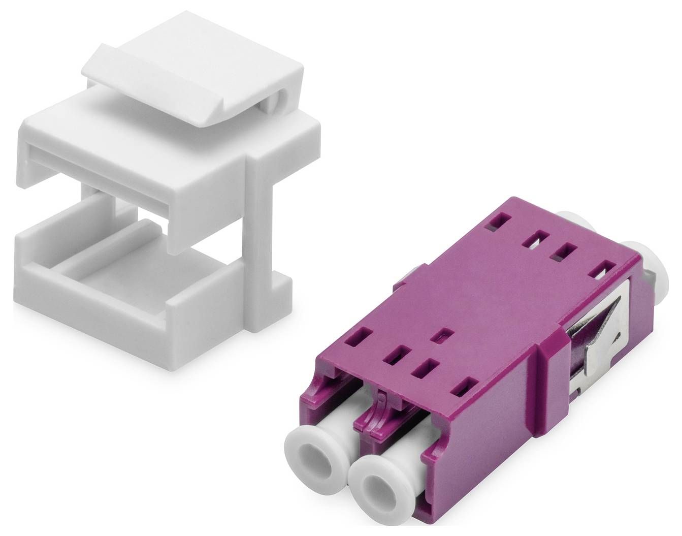 'LC Kupplung' in Magenta mit zwei Steckplätzen neben einem weißen Clip-Adapter. Technikzubehör; Verbindung von Glasfaserkabeln.