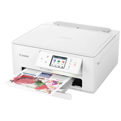 Ein weißer Canon-Drucker mit einem Display und verschiedenen Bedienknöpfen. Ein bedrucktes Farbblatt wird aus dem Drucker ausgegeben.