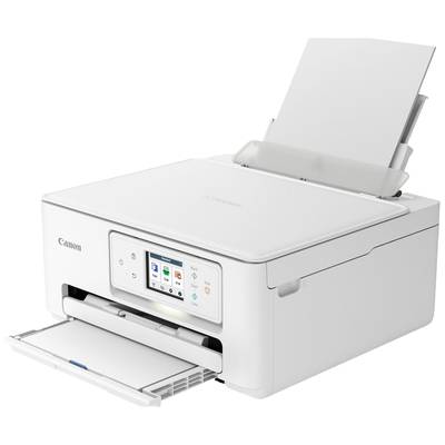 Ein weißer All-in-One-Drucker mit einem digitalen Touchscreen-Display und offenem Papierfach für einfachen Zugriff.